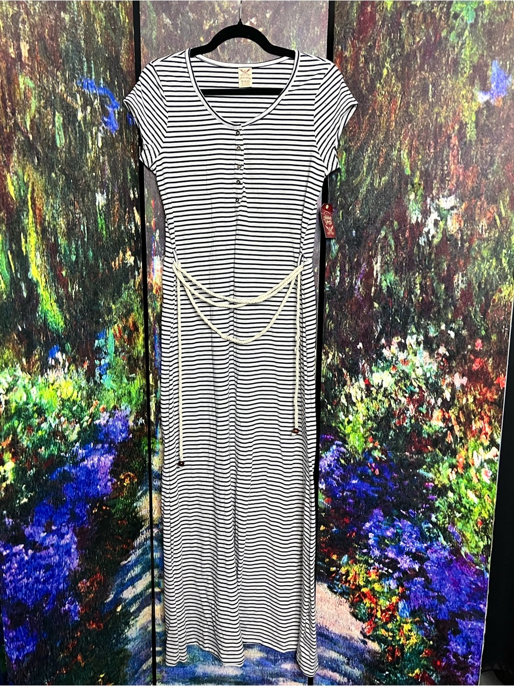 Faded Glory‎ Black & White Striped Maxi Dress with Rope Tie